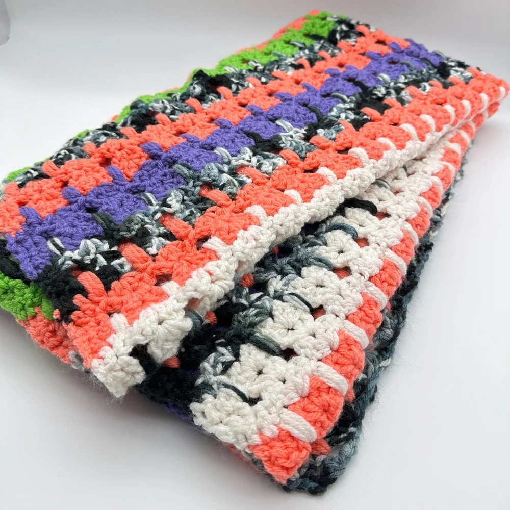 Handmade Crochet Granny Afghan throw Blanket Vibrant black purple green orange‎